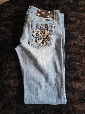 Miss Me Light Blue Denim Jeans with Embellished Fleur-de-Lis Pocket